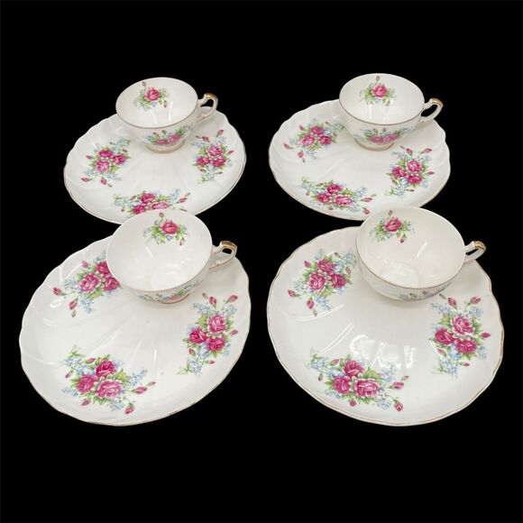 Porcelain Snack Shell Shaped Plates Cups 4 Sets Pink Roses Gold Trim Japan Vtg B - Picture 1 of 13